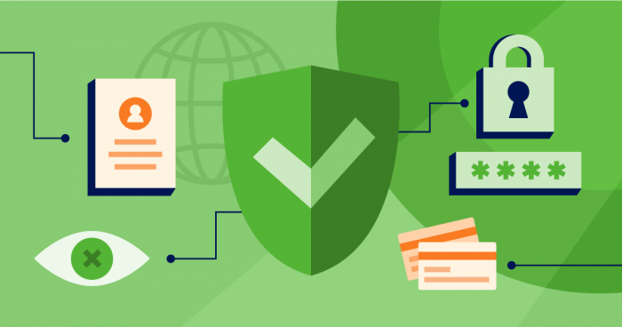 A graphic of privacy and security icons: a profile, shield, padlock, password, and credit cards, connected by lines on a green background.