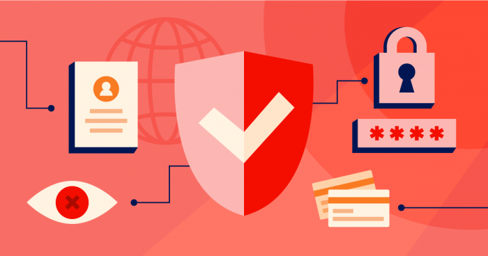 A graphic of privacy and security icons: a profile, shield, padlock, password, and credit cards, connected by lines on a red background.